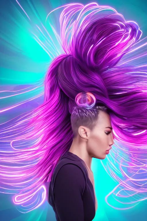 Image similar to a award winning half body portrait of a beautiful woman in a croptop and cargo pants with ombre purple pink teal hairstyle with head in motion and hair flying, surrounded by whirling illuminated lines, outrun, vaporware, shaded flat illustration, digital art, trending on artstation, highly detailed, fine detail, intricate