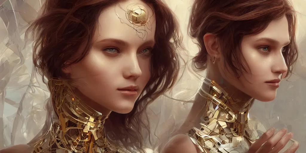 Prompt: artificial intelligence beautifull woman face being built piece by piece, almost done, fibonacci, intricate, highly detailed, digital painting, artstation, concept art, smooth, sharp focus, illustration, unreal engine 5, 8 k, art by artgerm and greg rutkowski and alphonse mucha