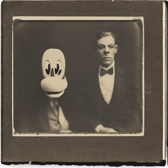 Image similar to facial portrait of donald duck, 1 9 2 1, ambrotype, by george s. cook, award winning