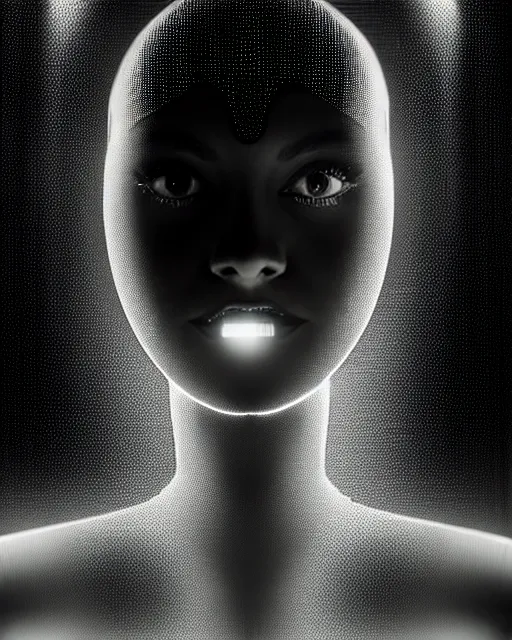 Prompt: black and white high quality photo of a beautiful female AI vegetal-cyborg looking into a sci-fi mirror, volumetric lighting, liminal space, brutalism, foggy, dreamy, shiny, hyperdetailed, bokeh, photorealistic, cinematic, masterpiece, Metropolis, elegant, dark, by Man Ray in the style of Horst P. Horst, octane render, 8K,