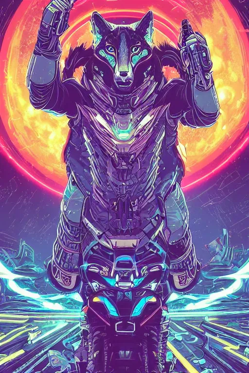 Prompt: wolf in a future cybernetic city with thunders in the sky , outrun style and colours, trending on arstation, by dan mumford, by ross tran, tarot card, symmetry