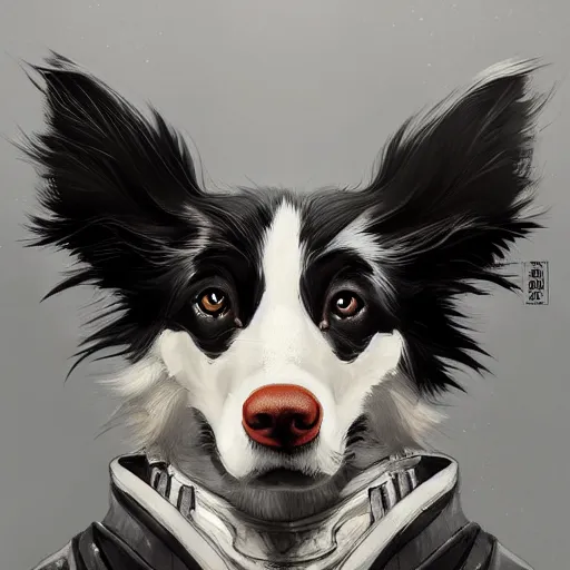 Image similar to border collie as an samurai, backround dark, highly detailed, digital illustration, trending in artstation, modern painting, smooth, sharp focus, intricate, by peter mohrbacher