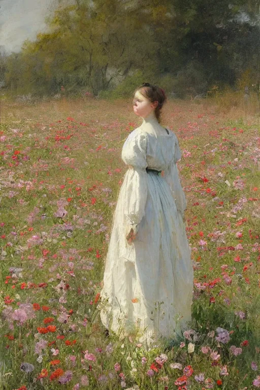 Prompt: Richard Schmid and Jeremy Lipking full length portrait painting of a young beautiful edwardian girl walking through a field of flowers with hands behind her back