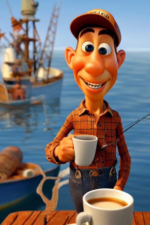 Prompt: portrait of a fisherman with a cup of coffee. fishing boat at the background. very expressive. pixar disney 4 k 3 d render funny animation movie oscar winning trending on artstation and behance, ratatouille style