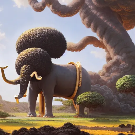 Prompt: a black girl with afro puffs wearing a white robe riding a giant steampunk elephant in a black sand oasis with an acacia tree, by greg rutkowski and android jones, oil on canvas, 8k hd,