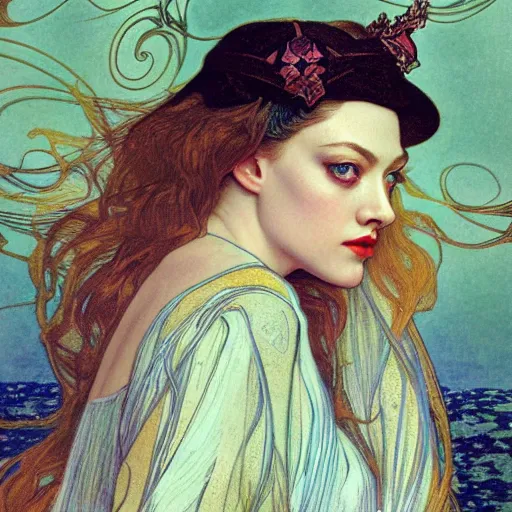 Image similar to amanda seyfried portrait by louis - theophile hingre and alphonse mucha, realistic, sharp focus, zodiac signs, tarot cards, planets, ethereal, art nouveau, magic, moon, sun, crown, dreamy, royal, jewellery