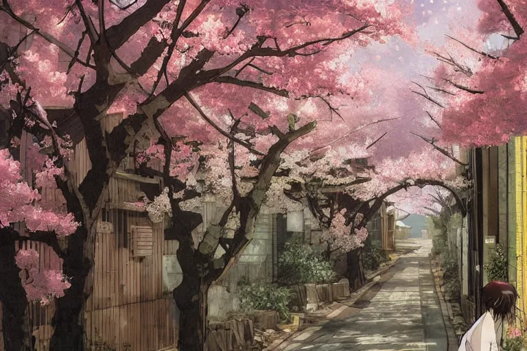 Image similar to beautiful Japanese anime alleyway with sakura trees, art by Vincent Di Fate, rule of thirds