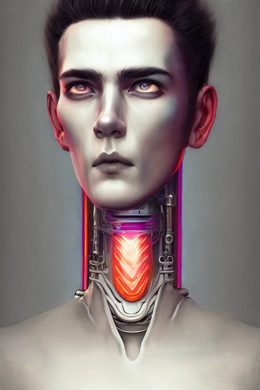 Image similar to portrait of a half man half robot, straight on portrait, by artgerm, tom bagshaw, gerald brom, vaporwave colors, lo - fi colors, vaporwave, lo - fi, moody vibe, goth vibe, 4 k, hd,