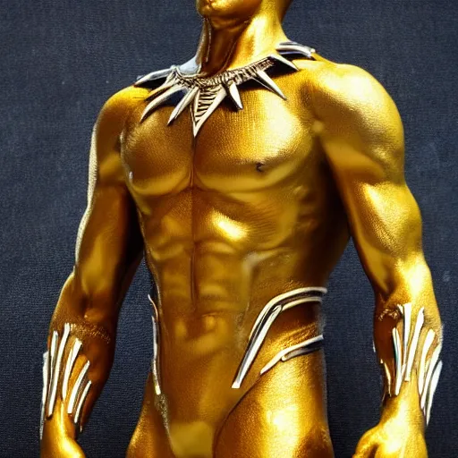 Prompt: a close up photo of a detailed golden statue of Black Panther, Upper body shot, 8K,