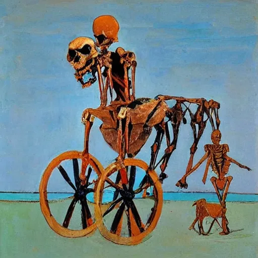 Image similar to The body art features a human figure driving a chariot. The figure is skeletal and frail, with a large head and eyes. The chariot is pulled by two animals, which are also skeletal and frail. turquoise by Sean Scully, by Arthur Streeton melancholic, colorful