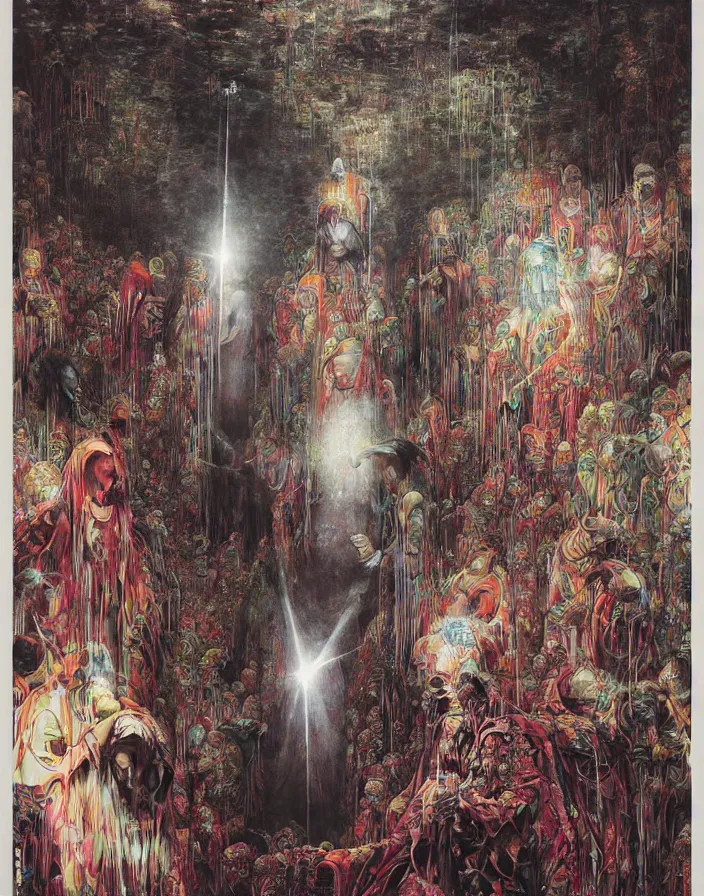 Image similar to worshippers in robes gather around the big glowing crystal, big glowing crystal radiating white light, interior, high detailed beksinski painting, part by adrian ghenie and gerhard richter. art by takato yamamoto. masterpiece, deep colours