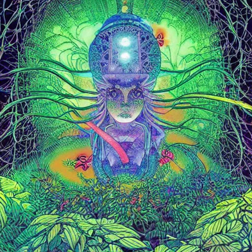 Image similar to A beautiful composition of a psychedelic glowing spirit animal psychonaut floating above a hedge maze, DMT, rich details full of texture, realistic eyes, artwork by Satoshi Kon and Yoshitaka Amano and Moebius,