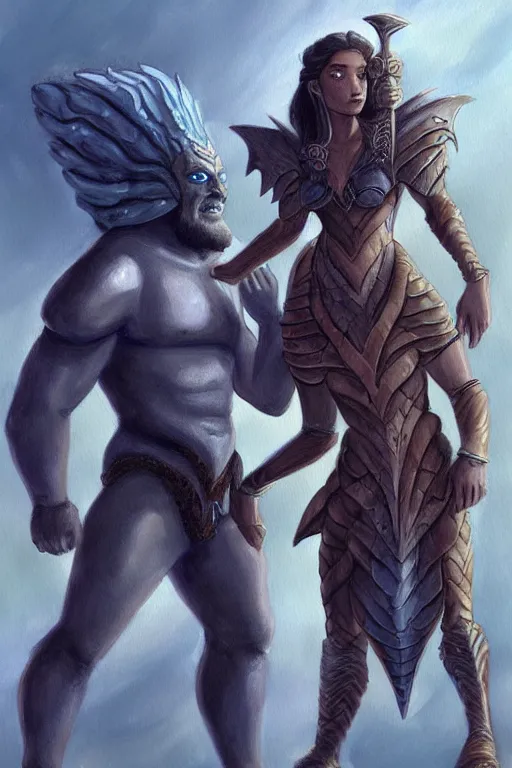 Prompt: a small blue-skinned triton girl wearing scale armor riding on a the shoulders of a large male goliath wearing fur and leather armor, dnd concept art, painting by Daniel R Horne