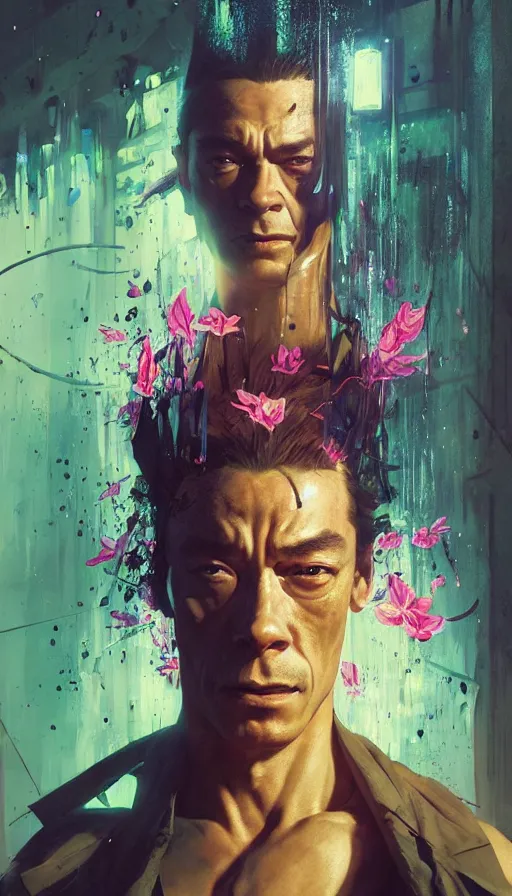 Prompt: altered carbon, jean claude van damme and a young gangster lolita, amazing beauty, visor, neon tattoo, styled hair, decorated traditional japanese ornaments by carl spitzweg, ismail inceoglu, vdragan bibin, hans thoma, greg rutkowski, alexandros pyromallis, perfect face, fine details, realistic shaded