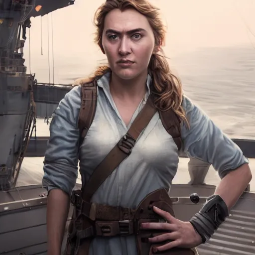 Prompt: a heroic portrait of young girl looking as Kate Winslet mechanic with one prosthetic metallic gauntlet standing on a ship deck by Greg Rutkowski, ultra realistic, by Sung Choi, photorealistic 8k, cinematic lighting, HD, high detail, atmospheric, trending on artstation, high detailed face