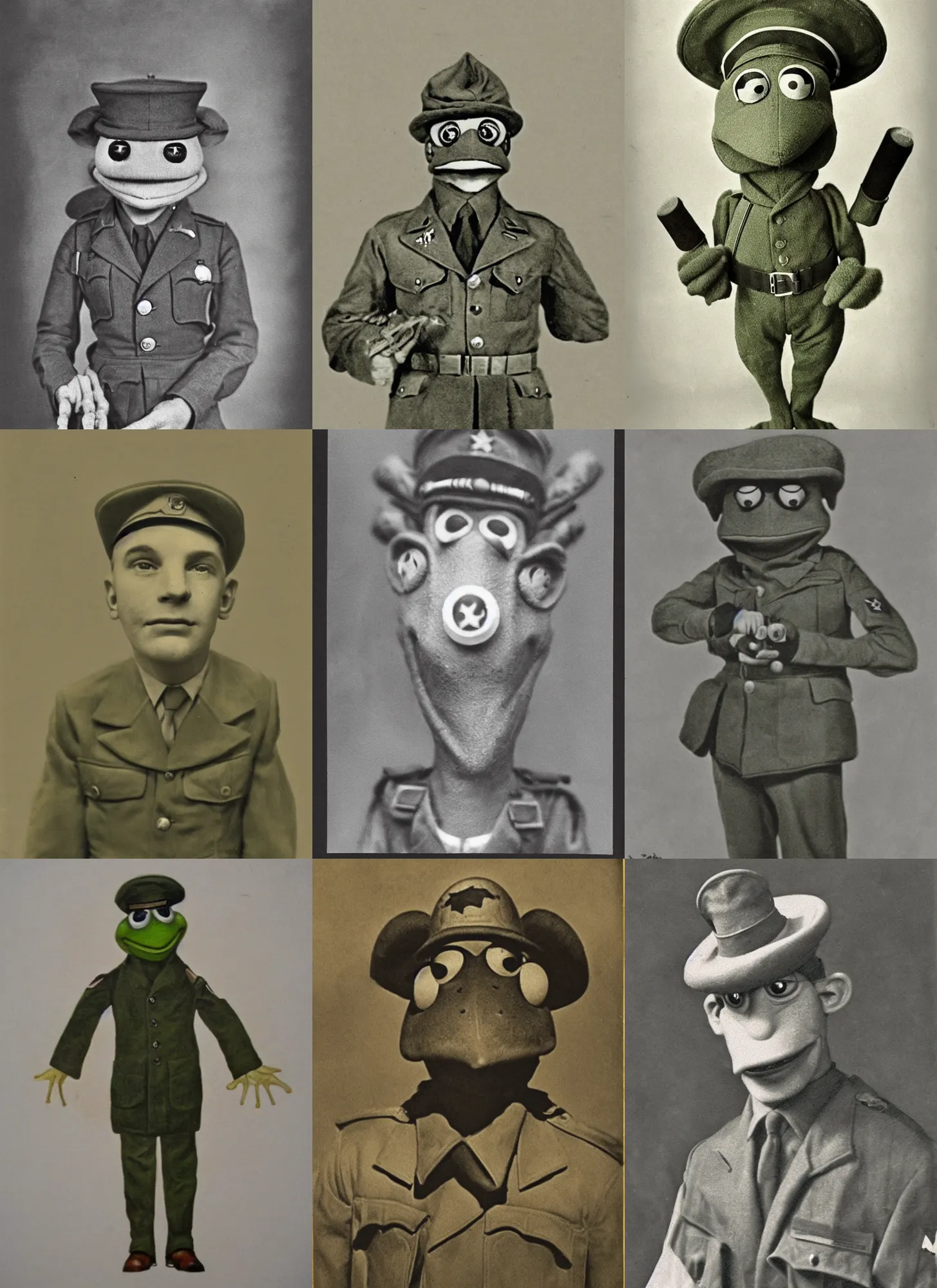 Prompt: grainy 1940’s WWII military portrait of an anthropomorphic frog dressed like a soldier, professional portrait HD, frog, frog head, authentic, Kermit, muppet