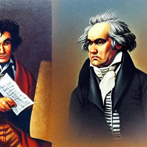 Prompt: beethoven and karl marx waiting for the train at pinaroo