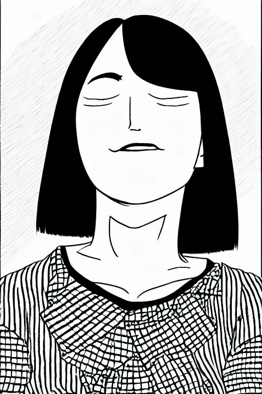 Image similar to portrait of a girl in long pants and a top, hands in pockets, eyes closed, bob haircut, digital art, black and white, lineart by junji ito