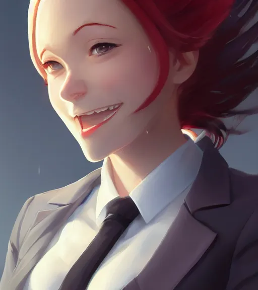 Prompt: a girl in a business suit, close up, sharp focus, red necktie, grey hair, happy expression, full body shot, pixiv, digital painting, by tran ross and jordan grimmer and greg rutkowski, anime art, artstation, hd, smooth