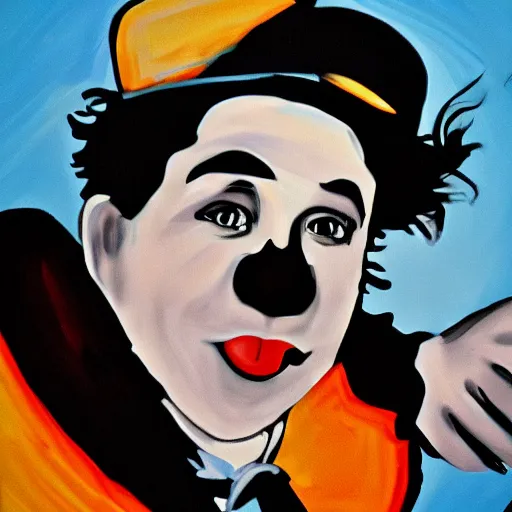 Prompt: Charlie chaplin in a beyblade battle painting