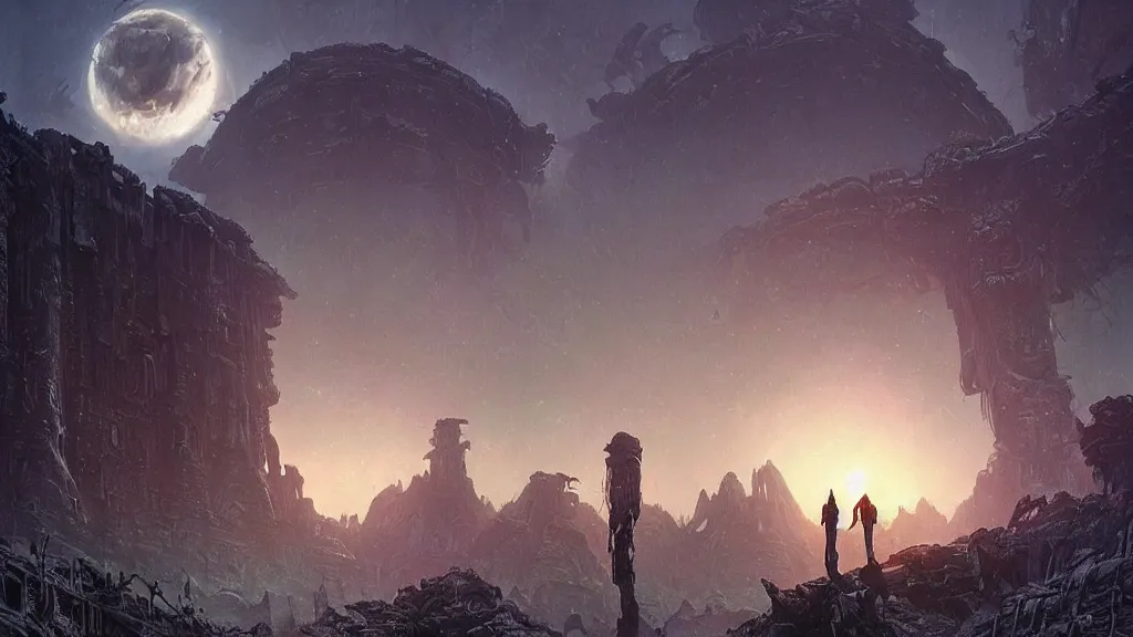 Image similar to eerie atmospheric alien planet with biomechanical plants and the ruins of civilization by les edwards and vincent di fate and anato finnstark, epic cinematic matte painting