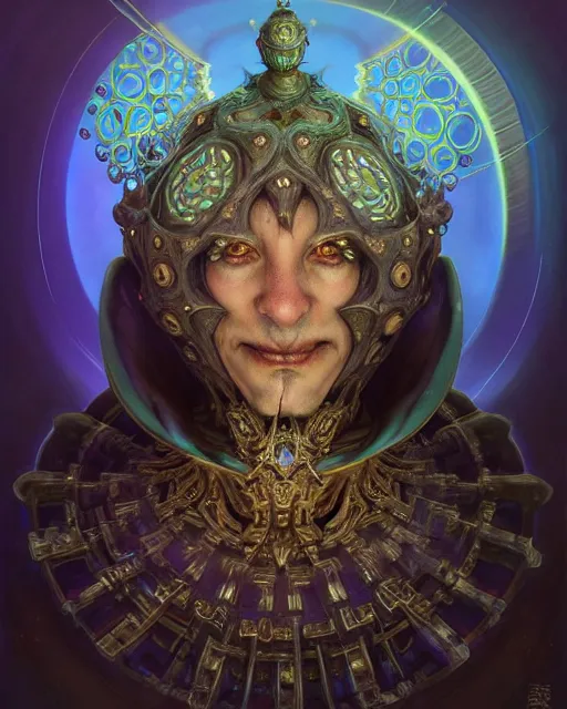 Image similar to front shot of a court jester character, hyperdimensional, bioluminescent hypercubes, ((intricate)), elegant, highly detailed, centered, (((artstation, concept art, smooth, sharp focus, artgerm, Tomasz Alen Kopera, Peter Mohrbacher, donato giancola, Joseph Christian Leyendecker, WLOP, Boris Vallejo))), mugshot!!!!!, ugly!!!!!!, octane render, nvidia raytracing demo, grainy, muted