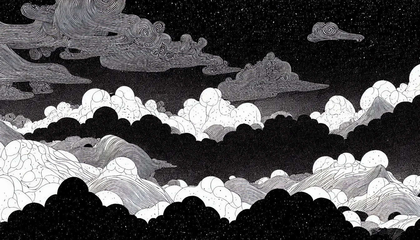 Image similar to clouds beneath mountain peaks by nicolas delort, moebius, victo ngai, josan gonzalez, kilian eng