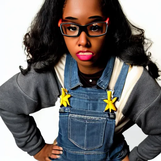 Image similar to a nerdy 17 year old black girl, comic book style, marvel comic book style, wearing overalls, highly detailed, concerned