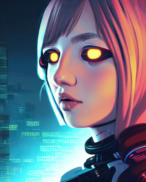 Prompt: a comic potrait of a cyberpunk cyborg girl with big and cute eyes, fine - face, realistic shaded perfect face, fine details. night setting. very anime style. realistic shaded lighting poster by ilya kuvshinov katsuhiro, unreal engine, global illumination, radiant light, detailed and intricate environment