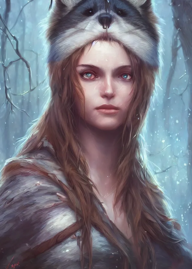 Prompt: a beautiful hyper realistic detailed painting of the sacred spirit raccoon who protect these land, by artgerm, charlie bowater, inspired by dragon age inquisition featured on artstation