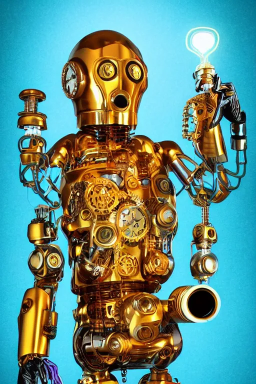 Prompt: portrait photo of a giant huge golden and blue metal humanoid steampunk cyborg bartender with a cocktail shaker, with a human face and gears and tubes, eyes are glowing red lightbulbs, shiny crisp finish, 3 d render, 8 k, insaneley detailed, fluorescent colors, background is multicolored lasershow