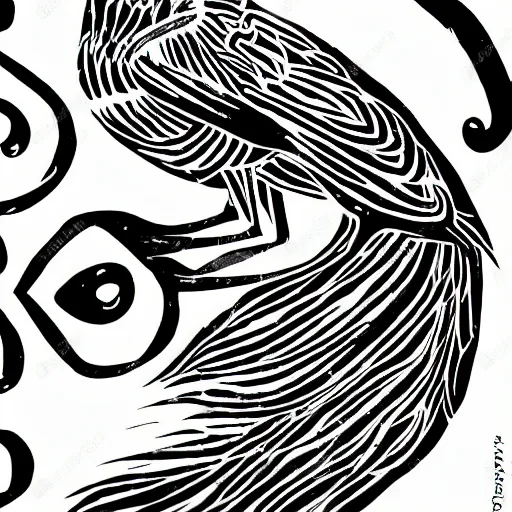 Image similar to magpie bold stylized block print, 4k, black ink on white paper