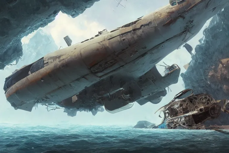 Image similar to a matte painting of a scavenger explorer floating in some water underneath old wreckage of a crashed space ship on a hot day, by alejandro burdisio, trending on cgsociety