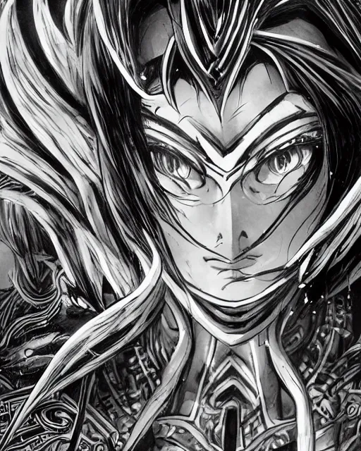 Image similar to Invasion, black and white, highly detailed face, close-up, fantasy art, fighting art, in the style of masami kurumada, illustration, epic, fantasy, intricate, hyper detailed, artstation, concept art, smooth, sharp focus, ray tracing