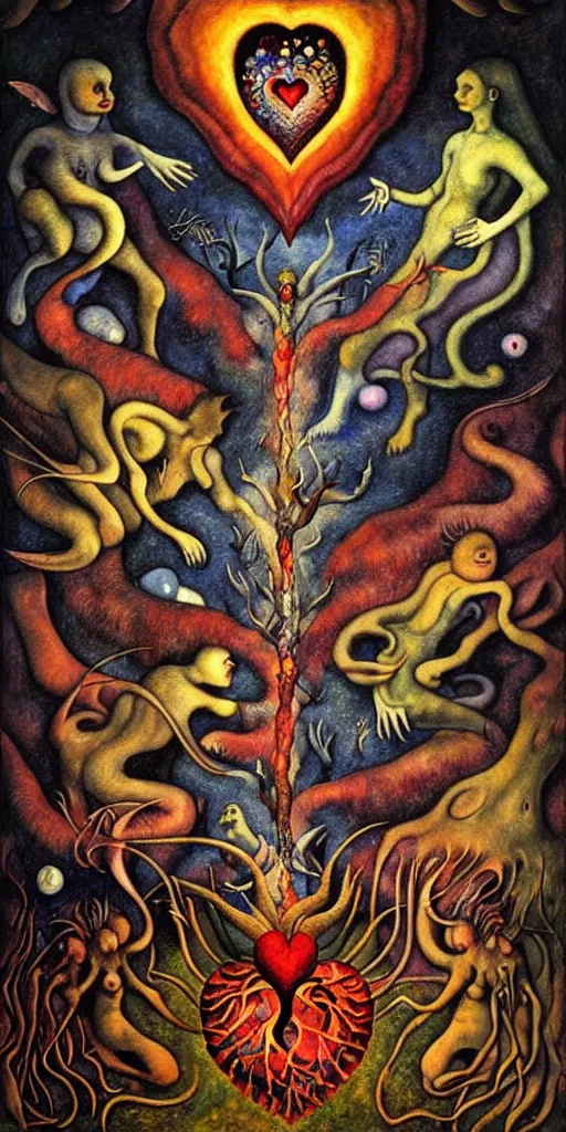 Image similar to mythical creatures and monsters in the visceral anatomical human heart imaginal realm of the collective unconscious, in a dark surreal mixed media oil painting by johfra, bosch, kandinsky, escher and ronny khalil, dramatic lighting from inner fire