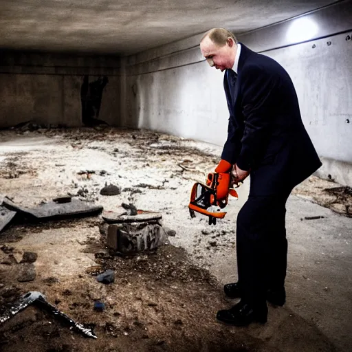 Image similar to putin with a chainsaw. in a concrete bunker with a pile of corpses. focus on putins face with blood splatters. canon eos r 3, f / 1. 4, iso 1 6 0 0, 1 / 8 0 s, 8 k, raw, grainy