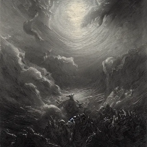 Image similar to a dark and angry god coming to smite a small town of scared villagers, gustave dore, seb mckinnon, matte painting, francisco goya, saturn devouring his children