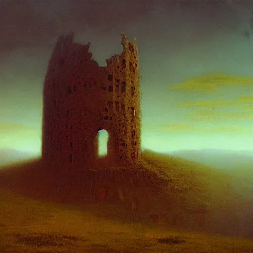 Image similar to ruined tower atop a hill, painting, john martin, Zdzisław Beksiński, masterpiece, landscape, moody, atmospheric