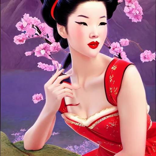 Image similar to pin - up portrait of a beautiful young mulan, pretty long hair, traditional dress, cherry blossoms, intense flirting, showing curves, symmetrical face, digital art, smooth, extremely detailed, model pose, by wu bayard, by gil elvgren, by ralph horsley, by hanks steve