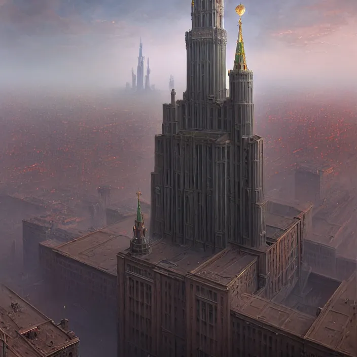 Prompt: matte painting by marc simonetti, jonathan solter, greg rutkowski of a moscow state university building, masterpiece, cinematic, hyperdetailed, photorealistic, hyperrealism, architecture, aerial view,