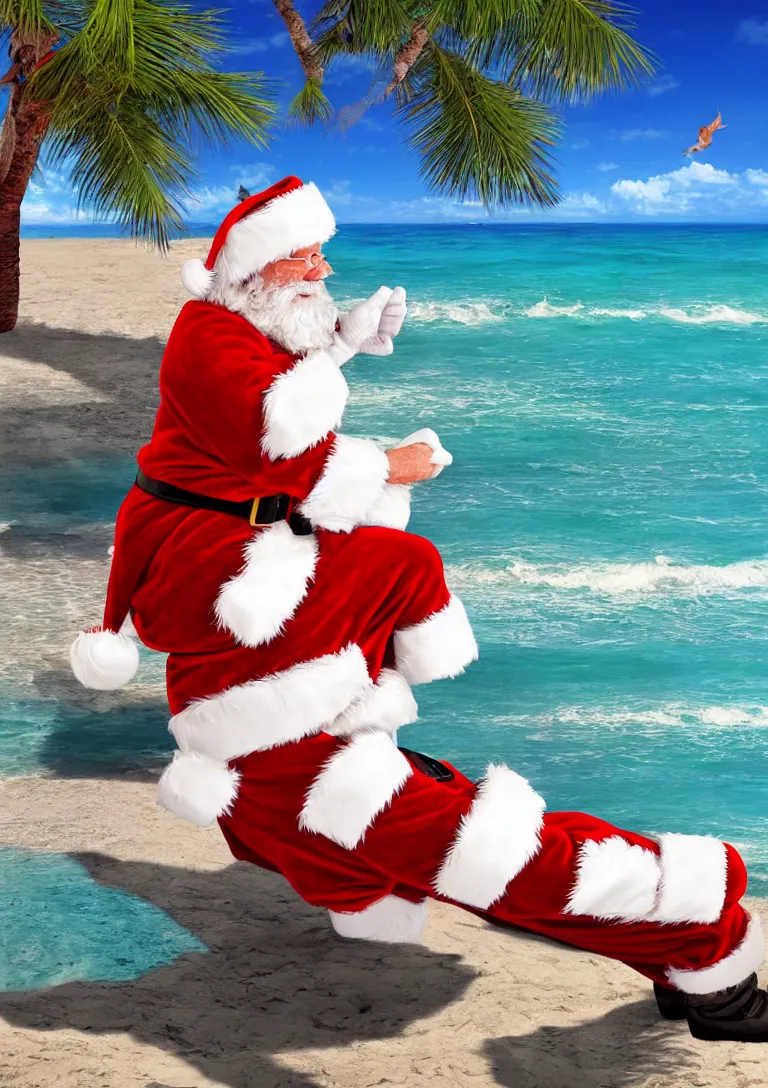 Prompt: santa claus sunbathing on the beach, 3d rendering of photo realistic image, super detailed, 4K,cinematic look