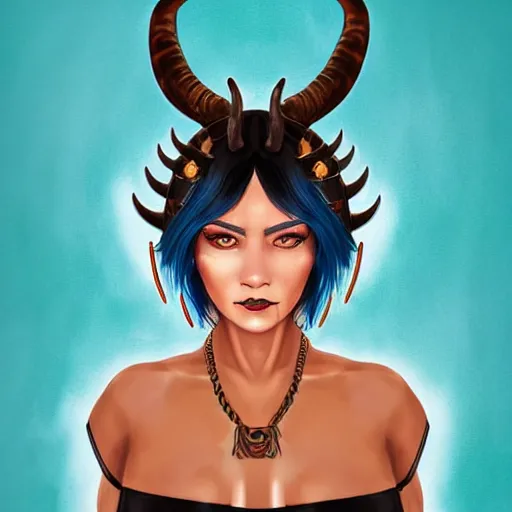 Image similar to illustrated realistic portrait of ram-horned devil woman with blue bob hairstyle and her tan colored skin and with solid black eyes wearing leather by rossdraws