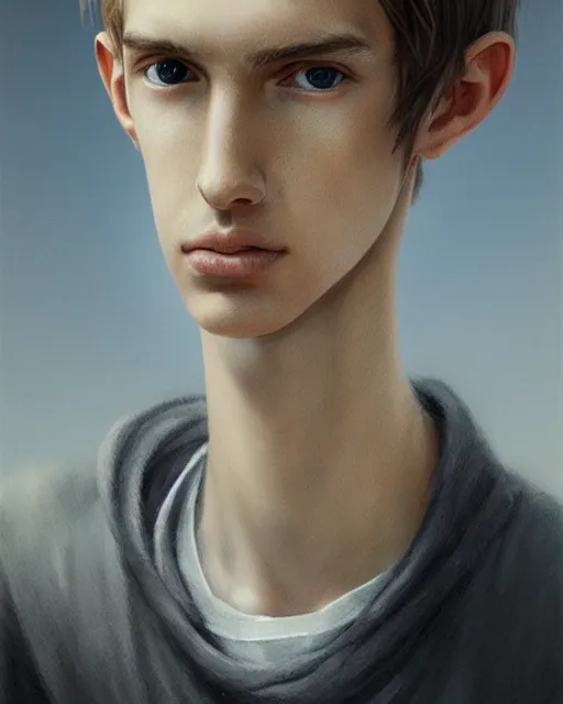 Prompt: portrait of 1 5 - year - old boy, a tall, slender boy with a pale, pointed face, white - blond hair, cold grey eyes, wearing in shirt hyper realistic face, beautiful eyes, fantasy art, in the style of greg rutkowski, intricate, hyper detailed, smooth