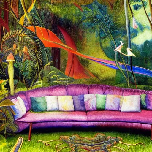 Image similar to psychedelic couch sofa in the lush forest, milky way, designed by arnold bocklin, jules bastien - lepage, tarsila do amaral, wayne barlowe and gustave baumann, cheval michael, trending on artstation, mediterranean, star, sharp focus, colorful refracted sparkles and lines, soft light, 8 k 4 k