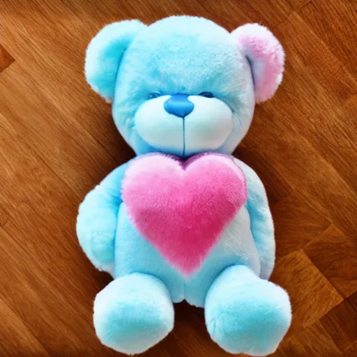 Prompt: care bear plushie photo, high resolution, toy magazine photography, pastel colours, classic care bear range