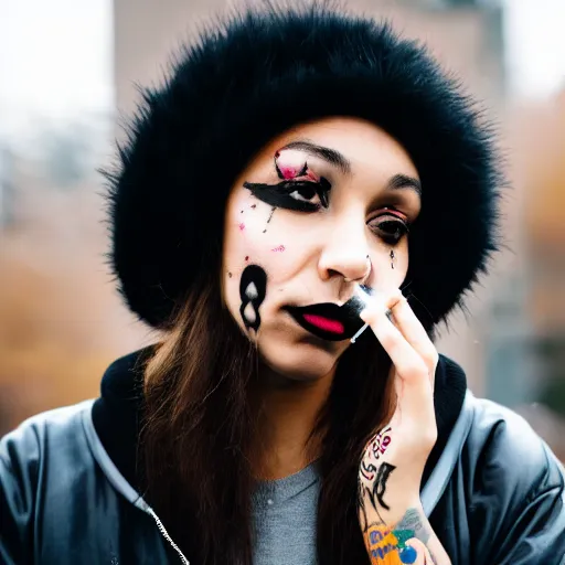 Image similar to portrait of a mixed woman smoking a cigarette, face tattoos, black beanie, black bomber jacket, urban environment, depth of field