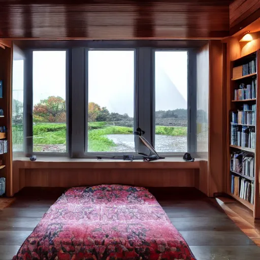 Image similar to a peaceful room with a desk and bookshelves, calm and serene, with rain visible through the windows of the room.