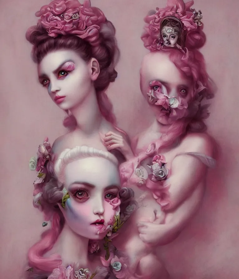 Prompt: pop surrealism, lowbrow art, realistic marie antoinette girl painting, pink body harness, hyper realism, muted colours, rococo, natalie shau, loreta lux, tom bagshaw, mark ryden, trevor brown style