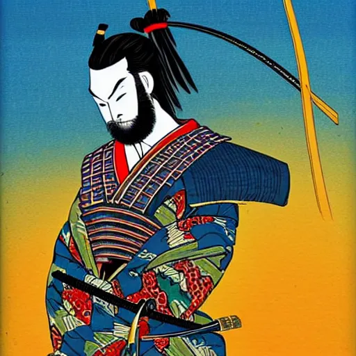 Prompt: highly stylized samurai holding a katana,striking colors