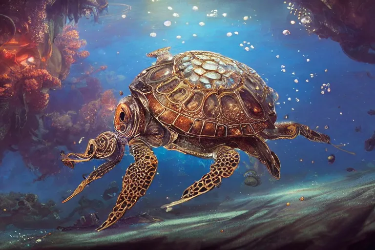 Prompt: beautiful painting of a huge caretta wearing an armour of jewels and golden beetles in ocean coral reef, water bubbles, intricate details, realistic shaded , steampunk, highly detailed, artstation, illustration by Greg Rutkowski and Ruan Jia , octane render, dynamic light, volumetric light, neon lights, cinematic mood